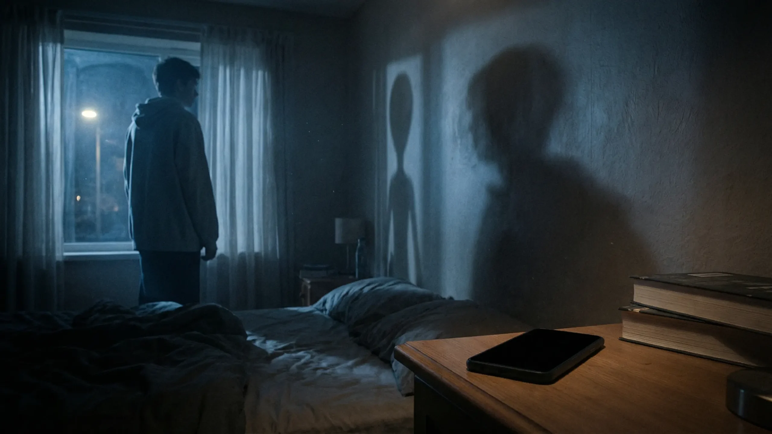 Persona de pie en un dormitorio oscuro durante la noche, iluminada por una luz azul tenue; su sombra proyectada en la pared tiene una forma ambigua que recuerda a una figura humanoide. En primer plano, un teléfono móvil sobre una mesa junto a varios libros.