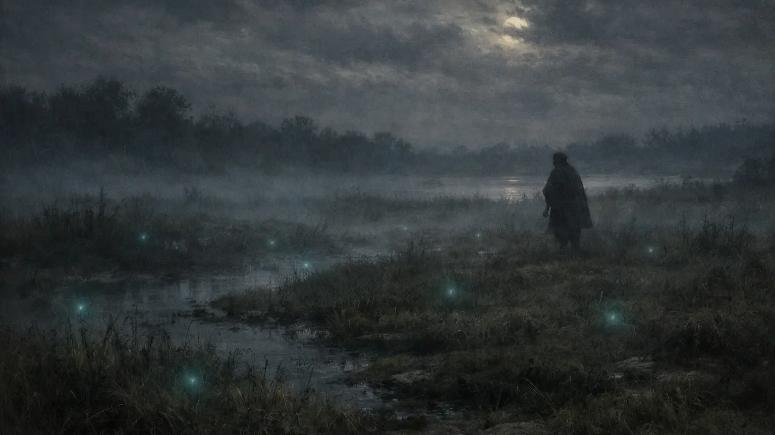Escena nocturna en un pantano con niebla y vegetación húmeda; una persona observa pequeñas luces tenues dispersas a ras del suelo en el paisaje
