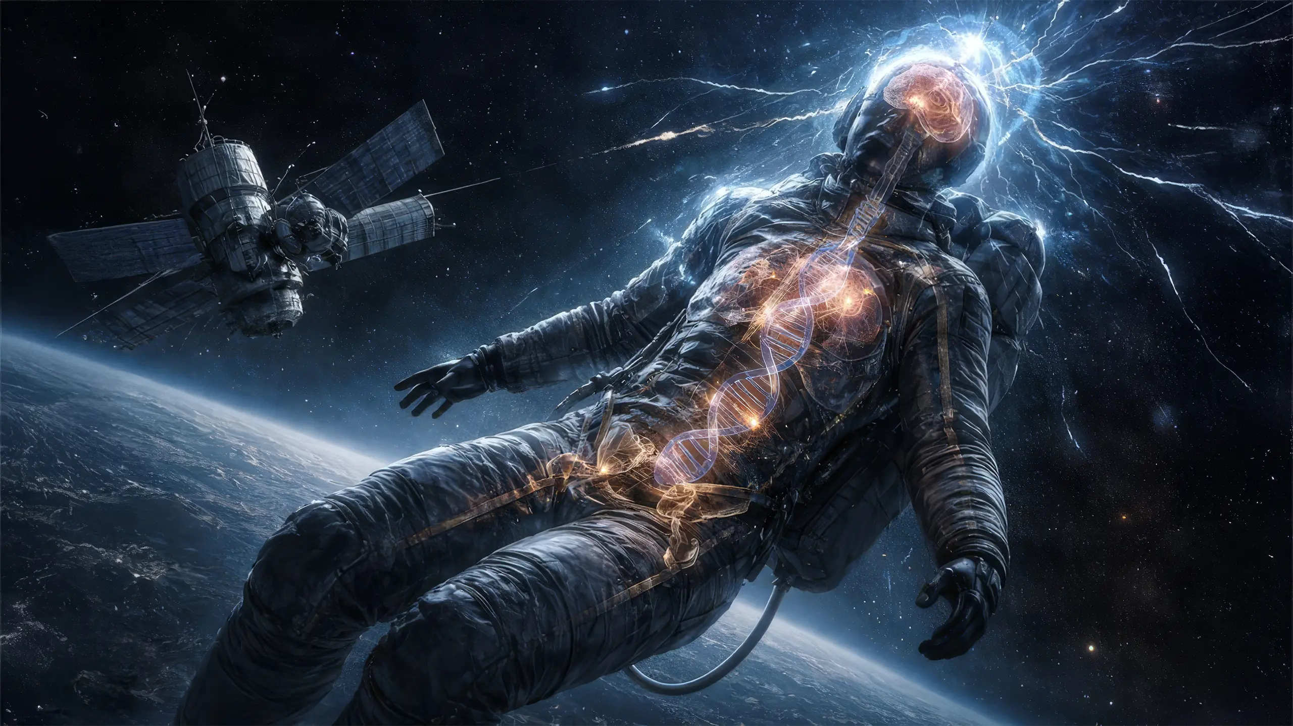 Astronauta flotando en el espacio con el cuerpo semitransparente, mostrando ADN y órganos internos iluminados, expuesto a radiación cósmica; una nave orbita al fondo sobre la Tierra.