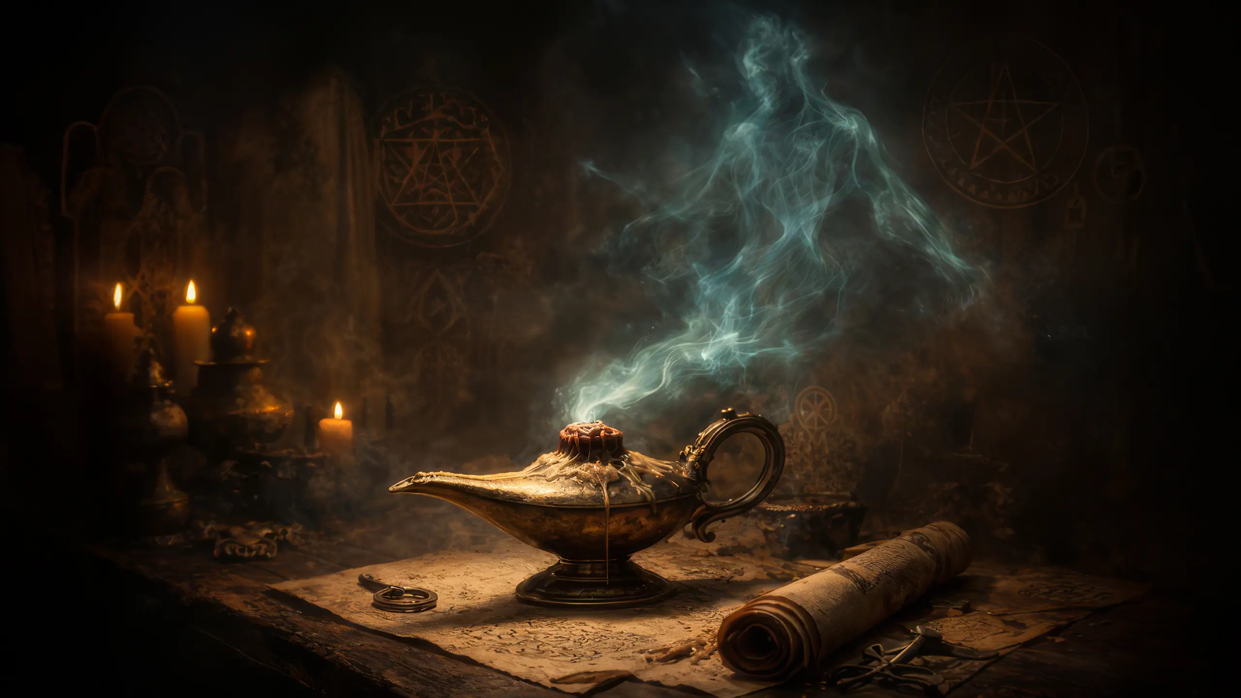 Una lámpara antigua de metal sellada con cera, emitiendo una luz tenue desde su interior, insinuando una presencia espiritual atrapada