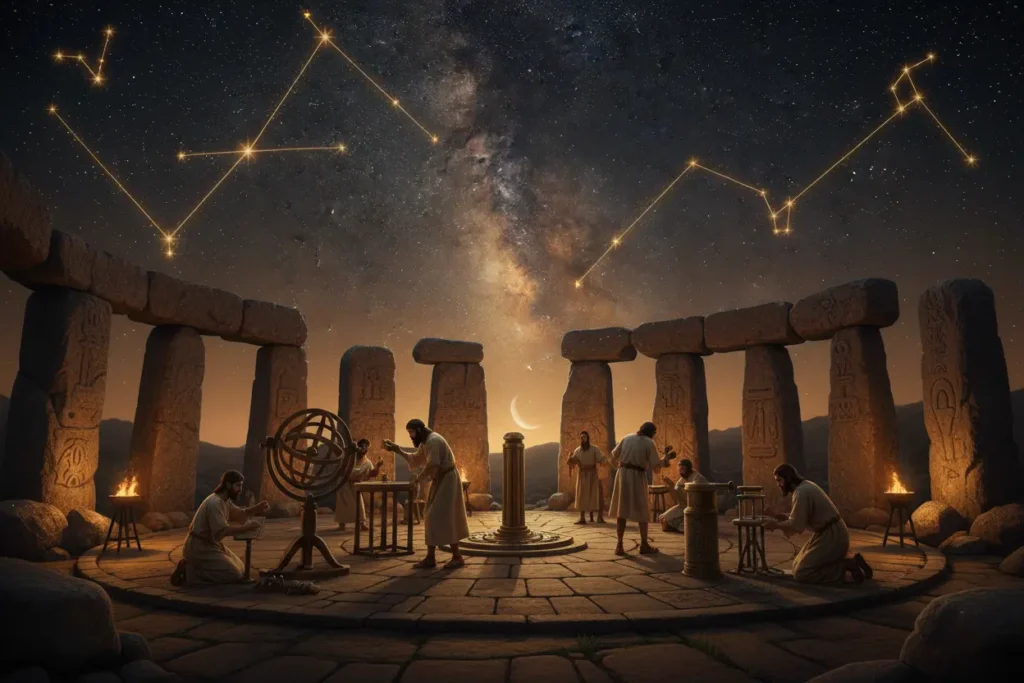 Astrónomos antiguos midiendo las estrellas con instrumentos primitivos en un observatorio de piedra 