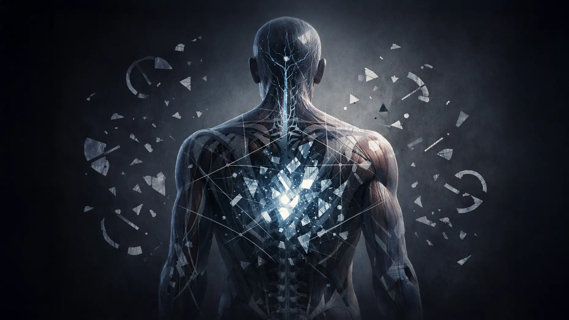 Ilustración conceptual de una figura humana vista de espaldas, con el cuerpo semitransparente que muestra el sistema nervioso y una luz brillante en el centro del pecho; alrededor flotan fragmentos geométricos abstractos sobre un fondo oscuro, evocando análisis interno y despojo simbólico.