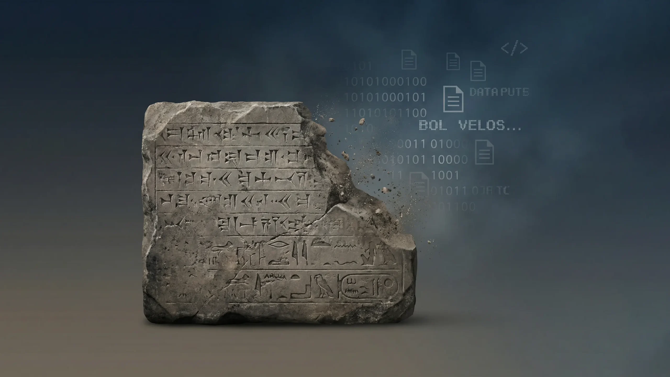 Ilustración conceptual de una antigua inscripción tallada en piedra, parcialmente erosionada, mientras símbolos digitales y datos binarios se desvanecen a su lado, representando el contraste entre la durabilidad de la escritura antigua y la fragilidad de la información digital moderna.