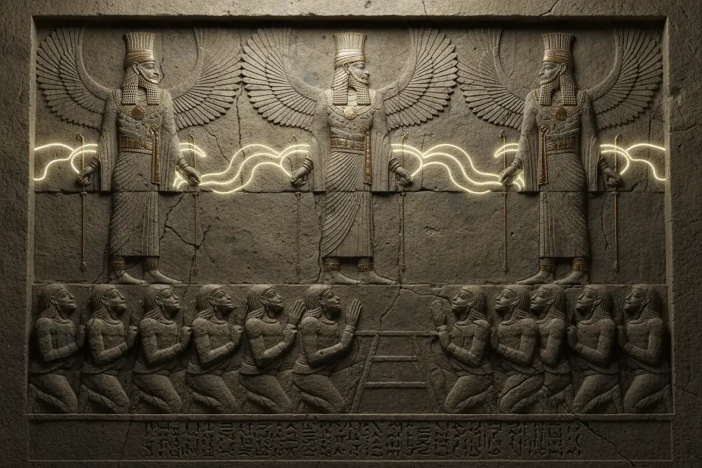 Ilustración en relieve mesopotámico antiguo, figuras similares a Anunnaki descendiendo del cielo
