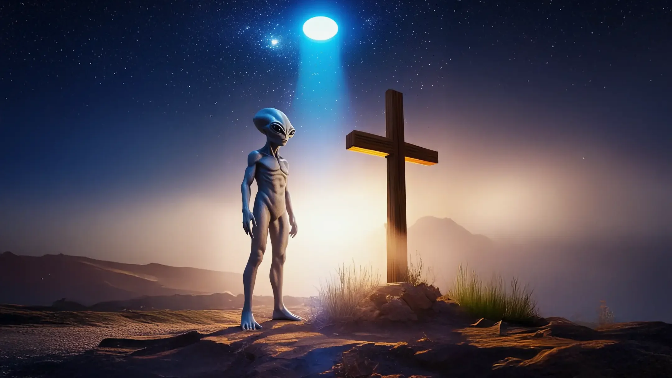 Ilustración conceptual de un ser extraterrestre humanoide de pie frente a una cruz cristiana en un paisaje nocturno, bajo un cielo estrellado iluminado por una luz descendente desde un objeto luminoso en el cielo