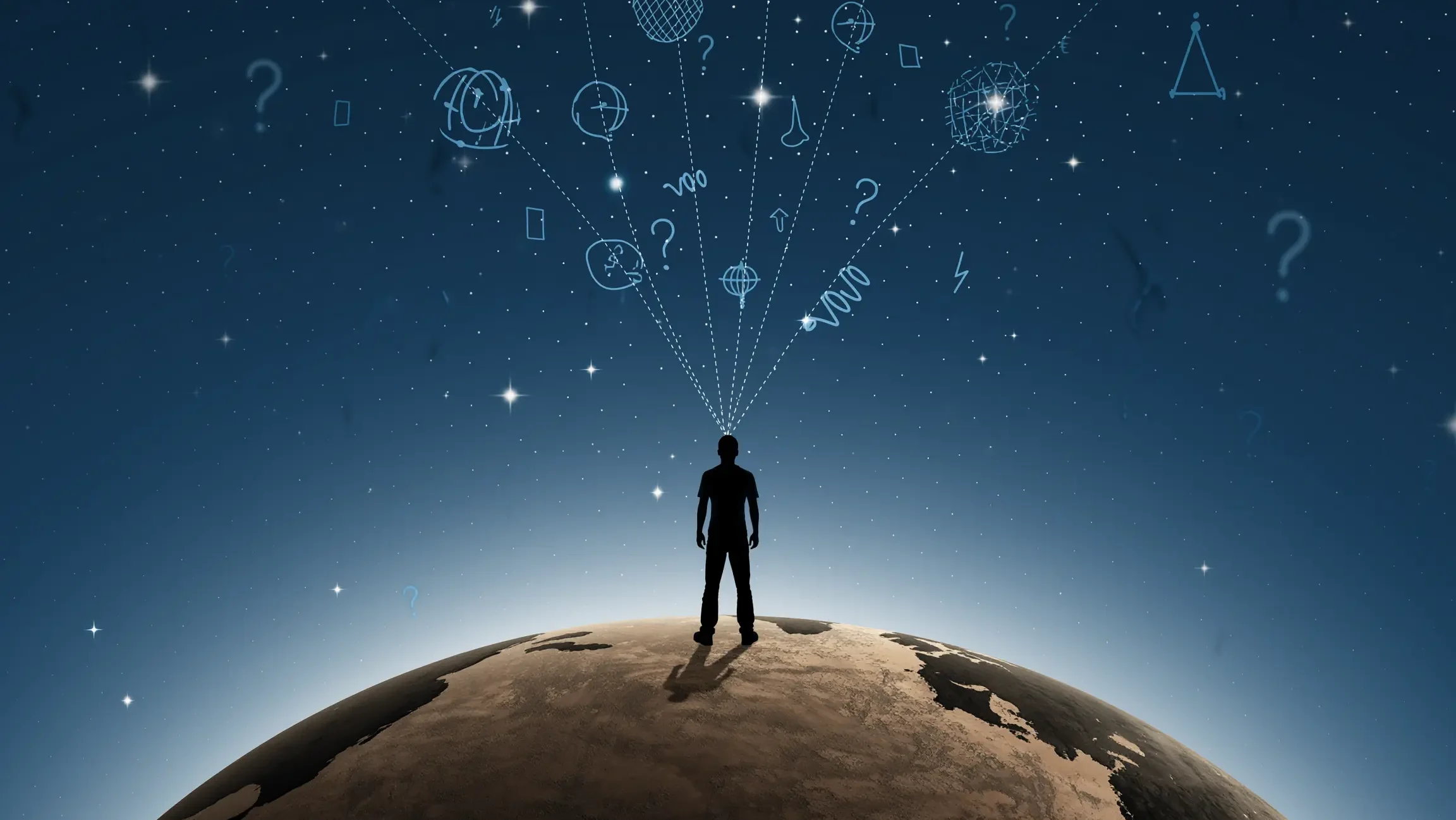 Ilustración conceptual de la silueta de una persona de pie sobre la Tierra, observando un cielo nocturno lleno de estrellas y formas abstractas que simbolizan ideas, curiosidad y el origen de lo no terrestre.