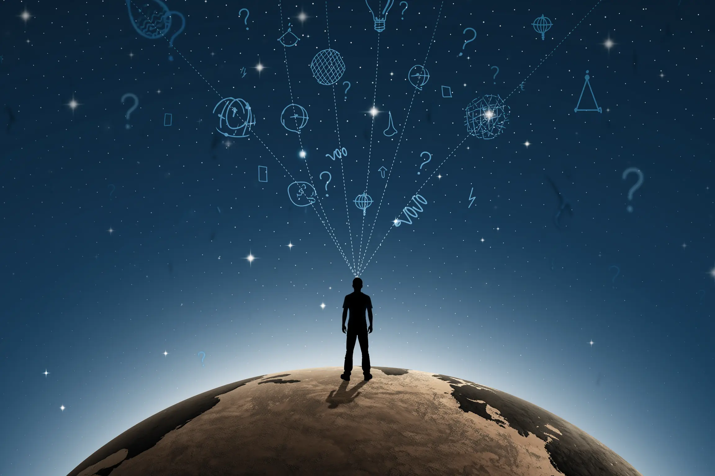 Ilustración conceptual de la silueta de una persona de pie sobre la Tierra, observando un cielo nocturno lleno de estrellas y formas abstractas que simbolizan ideas, curiosidad y el origen de lo no terrestre.