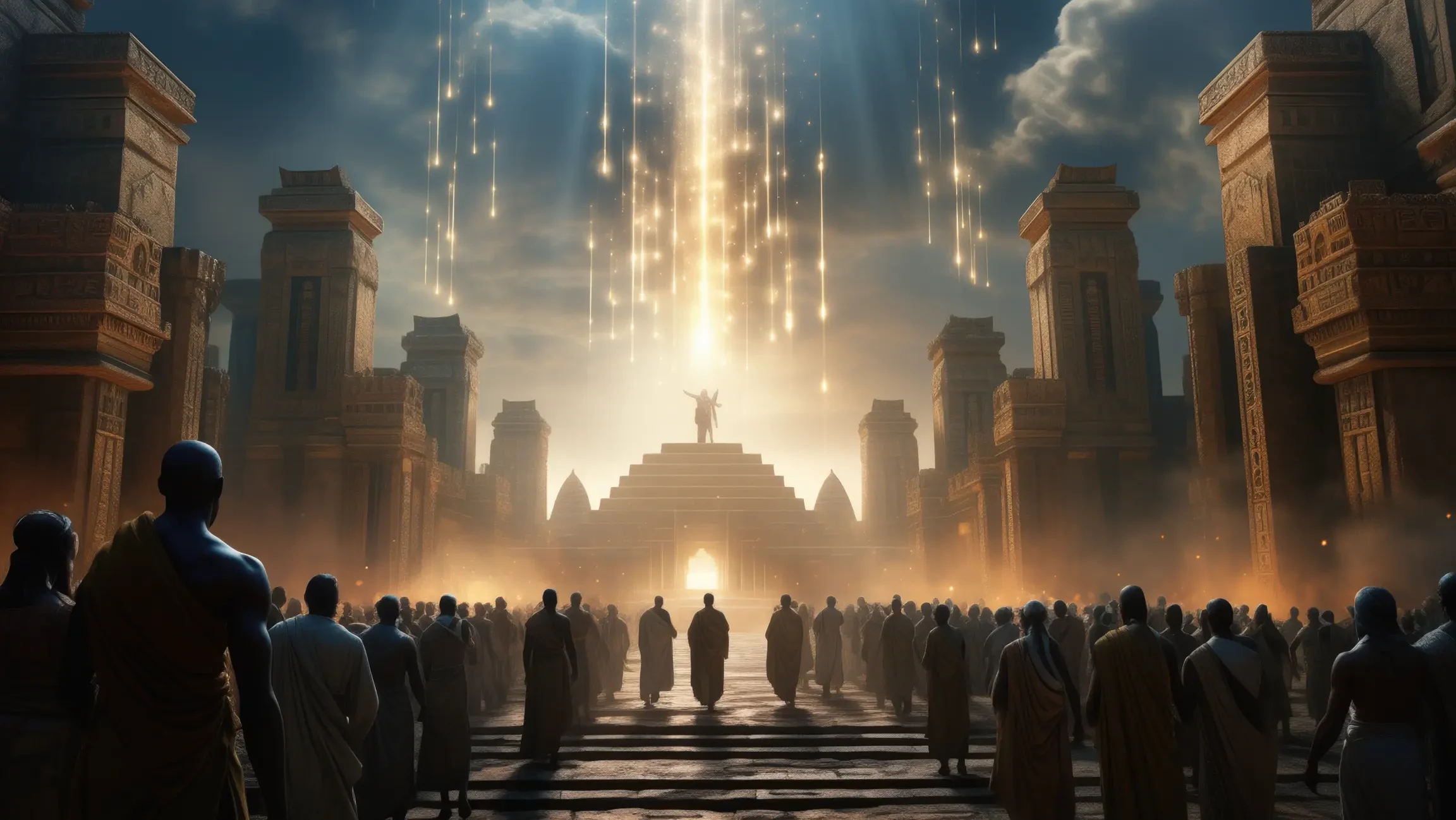 Multitud de personas vestidas con túnicas observa una gran estructura ceremonial de estilo antiguo, mientras un haz de luz desciende del cielo sobre una figura elevada en una pirámide, creando una escena mística y solemne que evoca la presencia de dioses en una civilización ancestral.