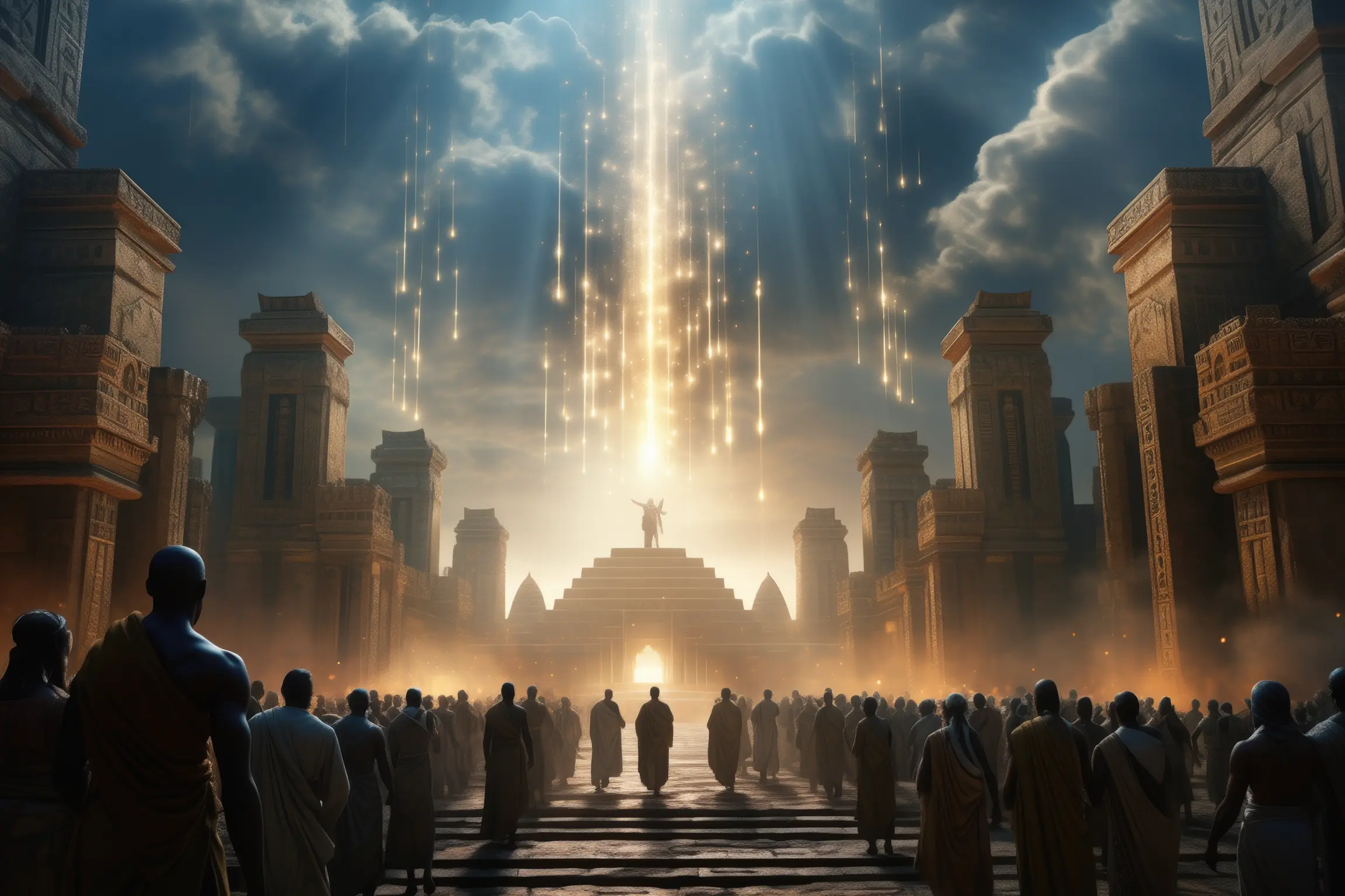 Multitud de personas vestidas con túnicas observa una gran estructura ceremonial de estilo antiguo, mientras un haz de luz desciende del cielo sobre una figura elevada en una pirámide, creando una escena mística y solemne que evoca la presencia de dioses en una civilización ancestral.