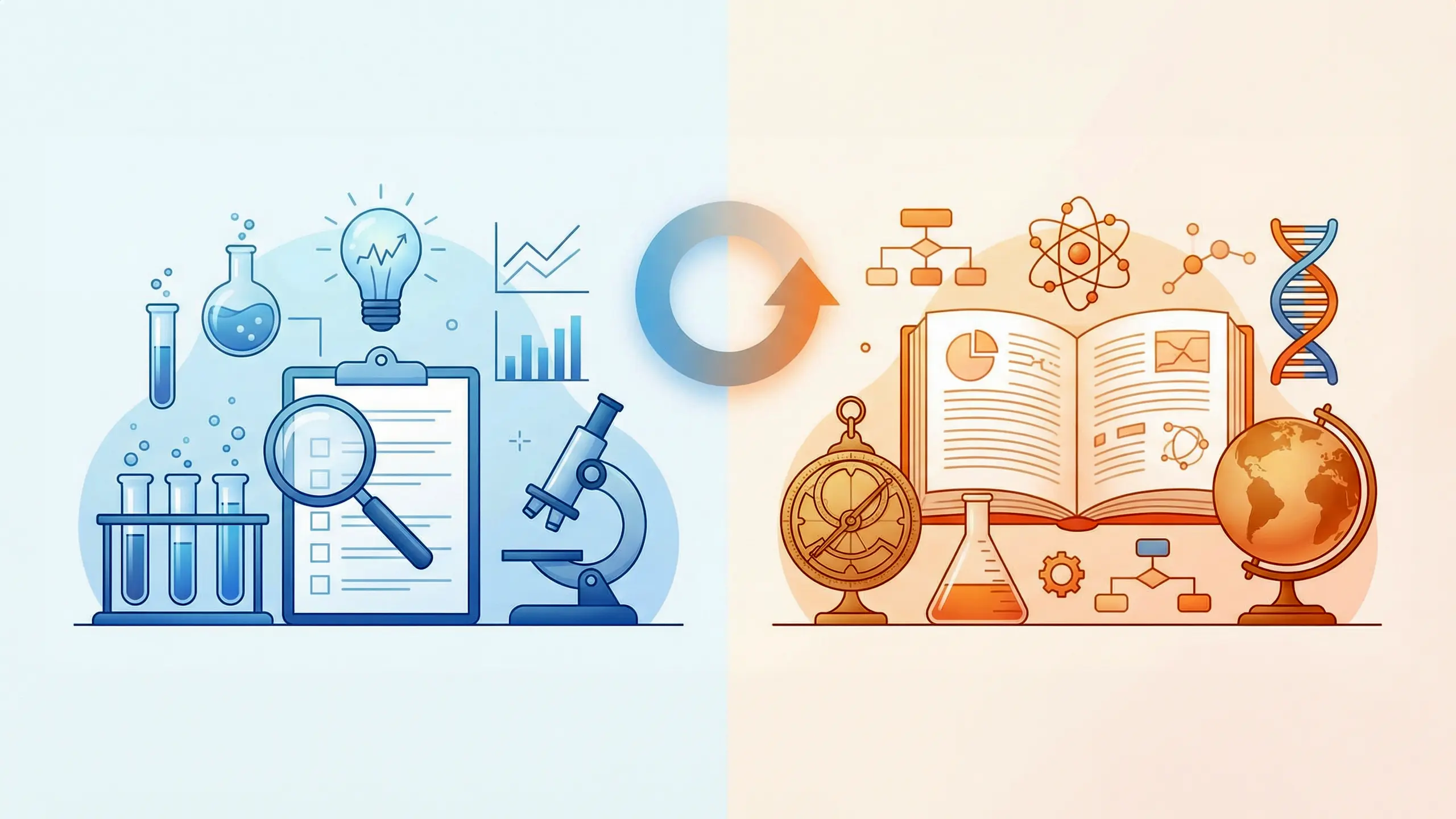 Ilustración dividida en dos mitades. A la izquierda, en tonos azules, aparecen instrumentos de laboratorio como tubos de ensayo, microscopio, lupa y gráficos, representando la investigación y la formulación de hipótesis. A la derecha, en tonos naranjas, se muestran un libro abierto, un modelo atómico, una doble hélice de ADN y un globo terráqueo, simbolizando el conocimiento científico consolidado y las teorías. En el centro, un símbolo circular indica el proceso de transición del análisis experimental hacia la explicación teórica.