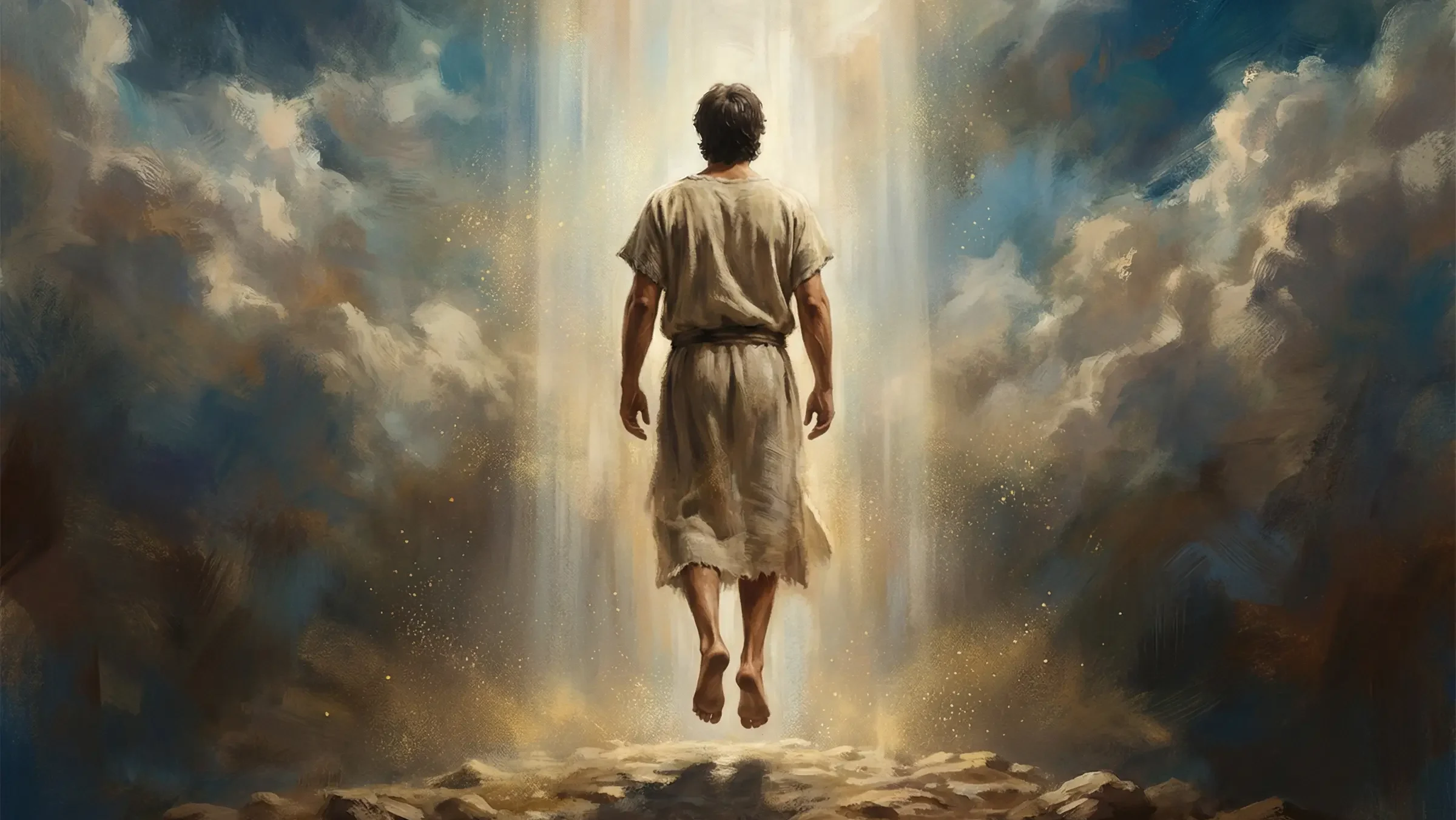 Figura humana de inspiración bíblica asciende hacia una luz descendente entre nubes, evocando una escena de ascensión y experiencia trascendente.